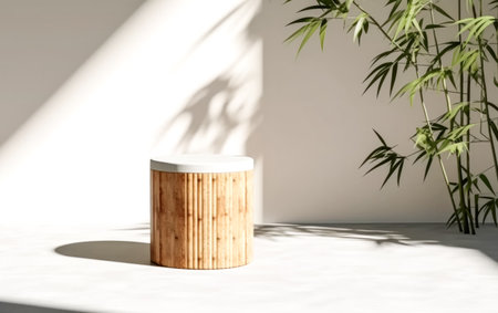 A wooden stool with a white top sits in front of a potted plant. The stool is placed in a room with a white wall and a window, which allows sunlight to shine on it. Concept of warmth and comfortの素材