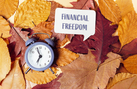 A clock is on top of a pile of leaves with the words financial freedom written in a speech bubbleの写真素材