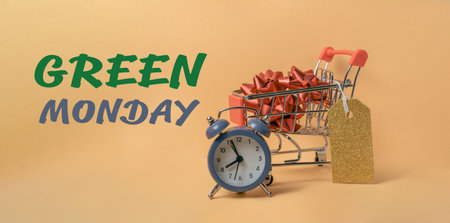 A shopping cart with a clock on it and the words written below it. Concept of a day dedicated to shopping sustainably and being environmentally consciousの写真素材