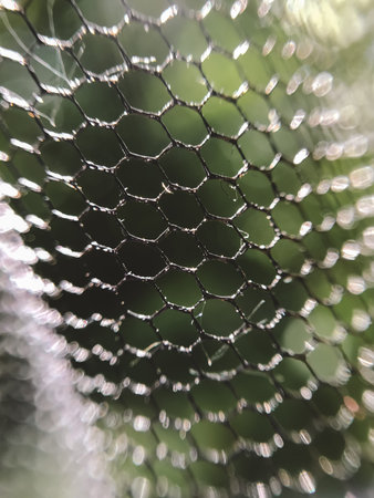 A close up of a mesh screen with a blurry background. The mesh screen has a shiny, reflective...