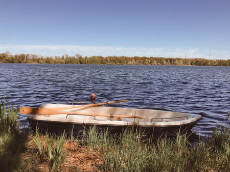 A small boat sits in the water with a paddle in the front. The boat is surrounded by tall grass and...