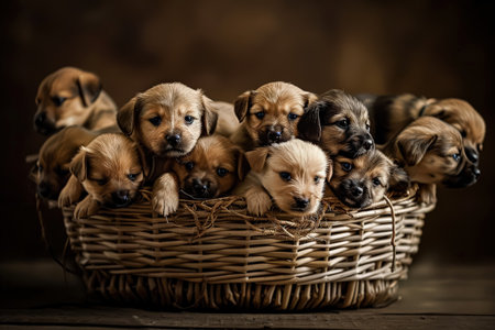 Basket full of puppies with their eyes closed. The basket is on a wooden table. The puppies are all different sizes and colorsの素材