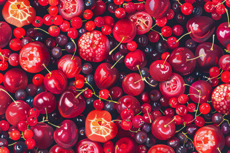 Close up of a variety of red fruits including strawberries, blueberries, and raspberriesの素材