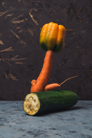 A carrot is standing on top of a zucchini. Ugly vegetables, Food organic waste reductionの写真素材