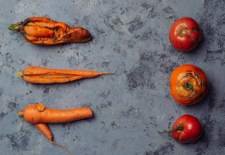 tomatoes and carrots lie on a gray background. Food organic waste reductionの写真素材