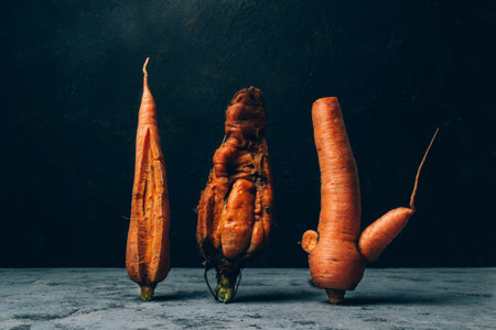Three carrots are standing on a counter, one of which is bent and twisted. The other two are straight and unblemished. Food organic waste reductionの写真素材