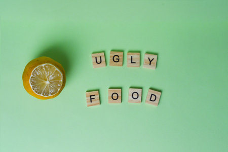 A lemon sits on a green surface with the word ugly food written below it. Ugly vegetables, Food organic waste reductionの写真素材