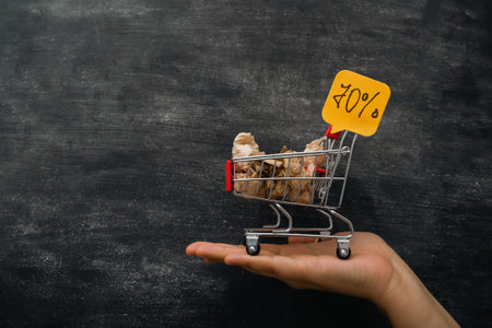 Hand holding a shopping cart with a yellow sign that says 70 off. The cart is filled with items, and the person is holding it up to show the discountの写真素材