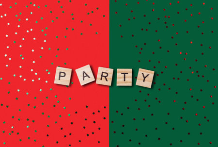 A green and red background with a word party written in wooden blocks. The word party is written in...