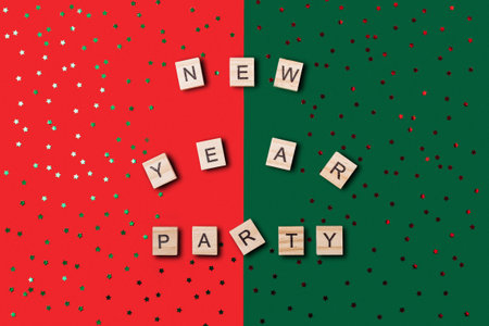 A green and red background with a large number of stars. The words New Year Party are written in wooden blocksの写真素材