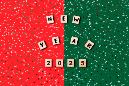 Festive scene with a green and red background, and a large number of small wooden blocks spelling out the word New Year 2025 in a playful and creative way. The blocks are scattered throughout the imageの写真素材