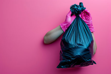Person is holding a plastic bag with gloves on. The bag is filled with trash. Concept of cleanliness and the importance of proper waste disposalの素材