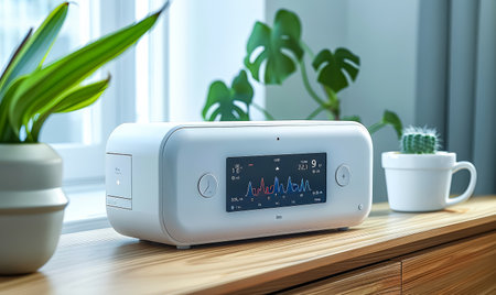 White device with a screen that says Heartbeat sits on a wooden table next to a potted plantの素材