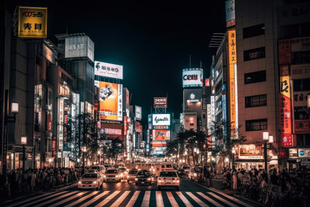 Busy city street with people walking and holding umbrellas. The street is wet and the lights from the buildings reflect on the water. Scene is lively and bustlingの素材