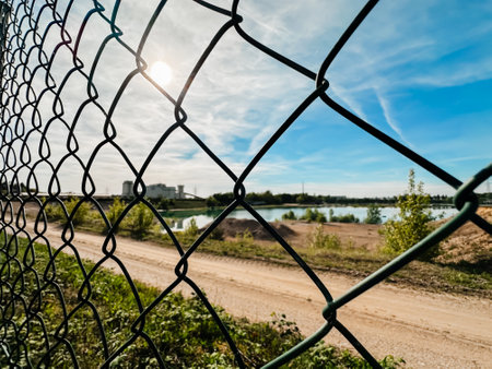 A chain link fence with a view of a lake and a building in the background. The fence is open, allowing a clear view of the surroundingsの写真素材