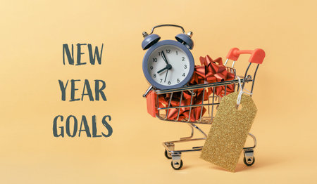 Shopping cart with a clock and a tag that says New Year Goals. Concept of setting goals for the new...