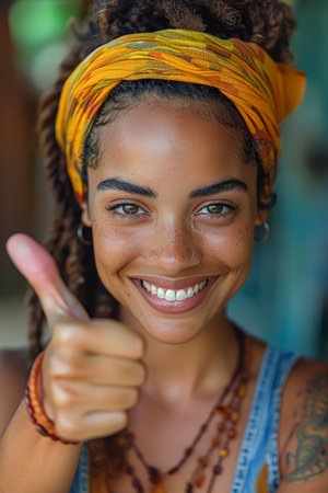 Woman with long hair is smiling and giving a thumbs up. She is wearing a colorful tank top and has a bracelet on her wristの素材