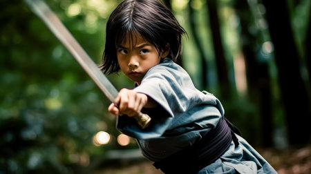 Young girl is holding a sword and is wearing a kimono. The image has a sense of adventure and excitement, as the girl is ready to engage in a battle or a duelの素材
