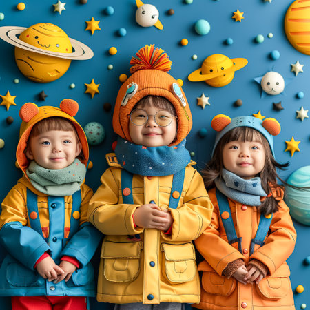 Three young children are wearing yellow coats and hats, posing for a picture in front of a blue background. The children are smiling and seem to be enjoying themselves. The scene gives off a warmの素材