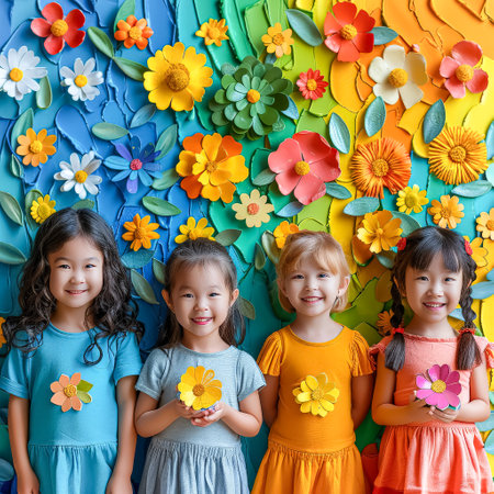 Group of four young girls are posing for a picture in front of a colorful wall of paper flowers. The girls are wearing yellow dresses and holding paper flowers in their handsの素材