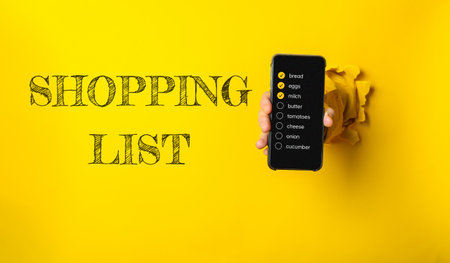 Person holding a cell phone with a shopping list written on it. The shopping list is on a yellow backgroundの写真素材