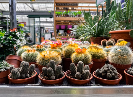 Row of potted cacti are displayed in a greenhouse. The cacti are in various sizes and colors, including yellow, orange, and red. The pots are brown and placed on a shelfの写真素材