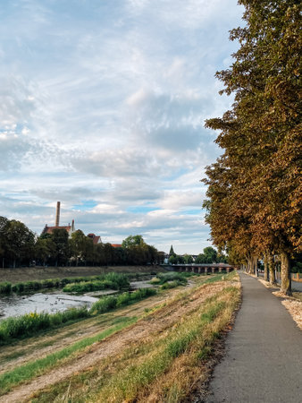 Path runs along a river bank with trees on either side. The sky is cloudy and the sun is not visibleの写真素材