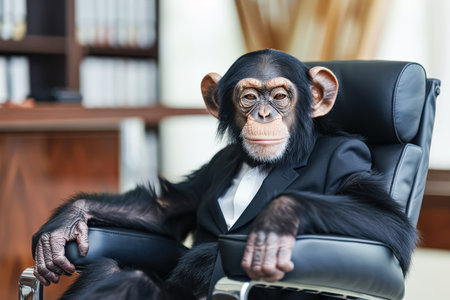Monkey is sitting at a desk with a laptop and a cup of coffee. The monkey is dressed in a suit and tie, giving the impression that it is a businessman. The scene is humorous and lightheartedの素材
