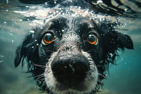 Dog is swimming in the water with its nose in the water. The dog is brown and has a wet noseの素材