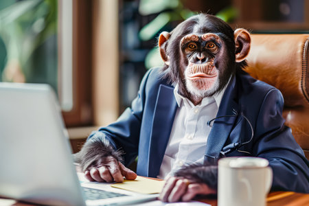 Monkey is sitting at a desk with a laptop and a cup of coffee. The monkey is dressed in a suit and tie, giving the impression that it is a businessman. The scene is humorous and lightheartedの素材