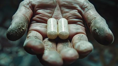 Two pills are in a person's hand, one red and one orange. Concept of responsibility and care, as the person is holding the pills to ensure they are taken correctlyの素材