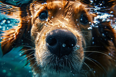 Dog is swimming in the water with its nose in the water. The dog is brown and has a wet noseの素材