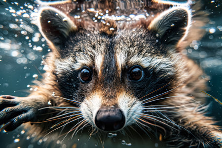 Raccoon is swimming in a pool of water. The raccoon is looking at the cameraの素材