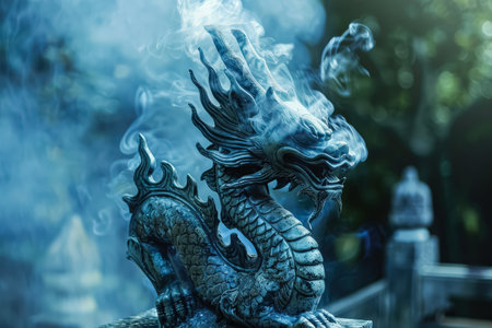 Dragon statue is sitting on a table with smoke coming out of its mouth. The dragon is black and has a long tail. The scene is mysterious and intriguingの素材