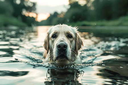 Dog is swimming in a river. The dog is brown and has a wet nose. The water is calm and the sky is cloudyの素材
