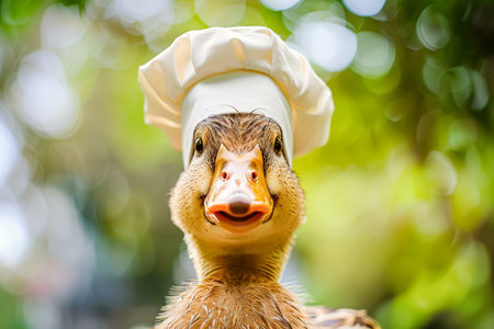 Duck wearing a chef's hat and smiling. The duck is the main focus of the image and is wearing a white hatの素材