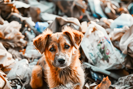 Dog is sitting in a pile of trash. The dog is brown and has a dirty faceの素材