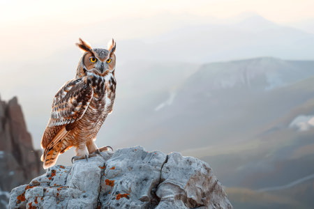 Large owl is perched on a rock in the mountains. The owl is looking to the left, and the mountains in the background are covered in snow. The scene is peaceful and sereneの素材