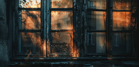 Window with a view of a building and a tree. The window is dirty and has a lot of rain on itの素材