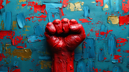 Hand with a fist painted on it is surrounded by a colorful background. The painting conveys a sense of rebellion and defiance, as if the hand is ready to fight for a causeの素材