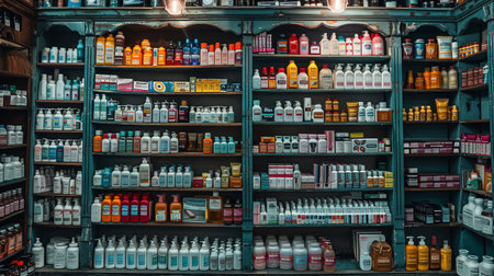 Store with many shelves of medicine. The store is very crowded. There are many bottles on the shelvesの素材