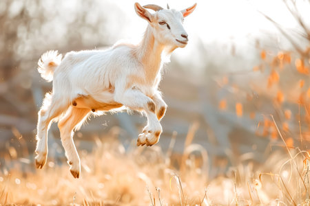 Goat is jumping in the air. The goat is white and has a black spot on its headの素材