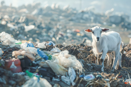 Baby goat is standing in a pile of trash. The scene is dirty and unappealing, with the goat looking up at the camera. Concept of neglect and disregard for the environmentの素材