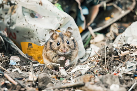 Small rodent is standing in a pile of trash. The rodent is looking up at the cameraの素材