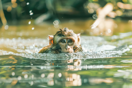 Baby monkey is swimming in a river. The water is clear and calm. The monkey is looking up at the cameraの素材