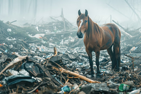 Horse standing in a pile of trash. The scene is dirty and unkempt. The horse appears to be wet and dirty, and it is surrounded by garbage. Scene is black and somberの素材
