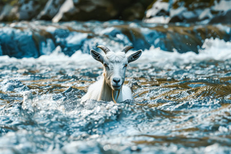 Goat is swimming in a river. The goat is white and has horns. The water is blue and the river is flowingの素材