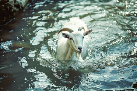 Goat is swimming in a river. The goat is white and has horns. The water is calm and clearの素材