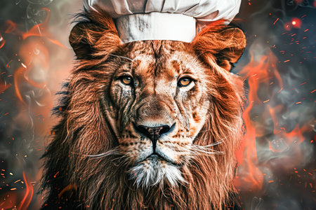 Lion wearing a chefs hat is the main focus of the imageの素材