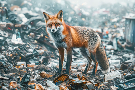 Fox stands in a pile of trash, looking at the camera. The scene is bleak and desolate, with the fox being the only living creature in the area. Concept of loneliness and isolationの素材